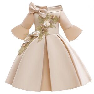 New Girls Floral Princess Dress Formal Champagne Color Size 4T Flower Girl